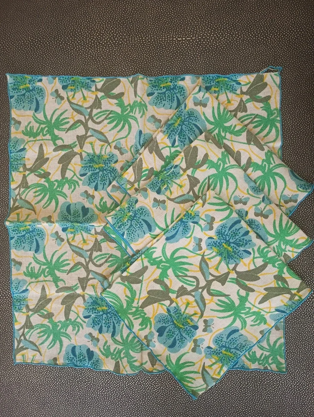 4 Vintage 1960s Floral Green & Blue Napkins